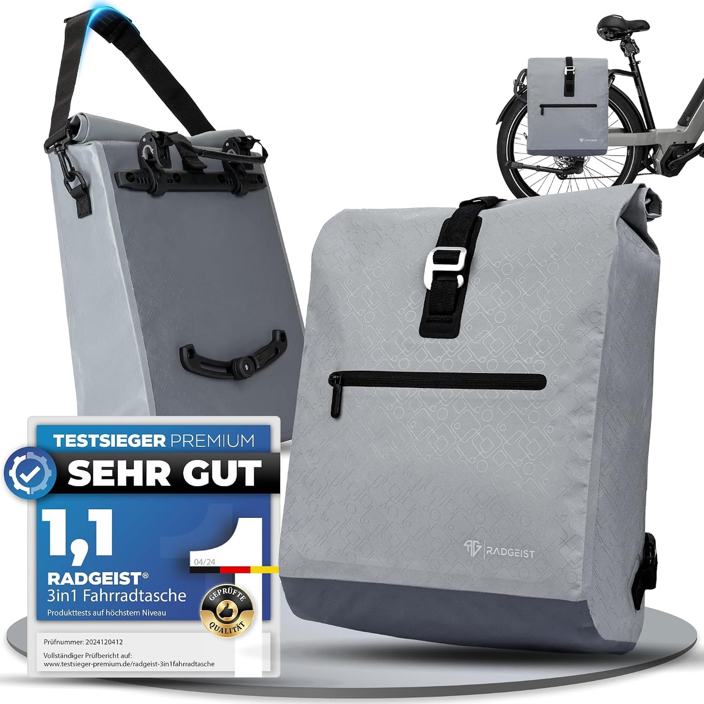Sac à vélo Radgeist pour porte-bagages 2-en-1 - Sac à bandoulière - 100 % imperméable - 20 litres - Gris
