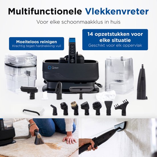 Nettoyeur de moquette Qclean® GO+ 1800 W - Nettoyeur vapeur et détachant tout-en-un - Pour moquettes, meubles, cuisine et salle de bains - Autonettoyant - Nettoyeur de fauteuils - Nettoyeur de canapés - Appareil de nettoyage - Aspirateur à eau - Produit d