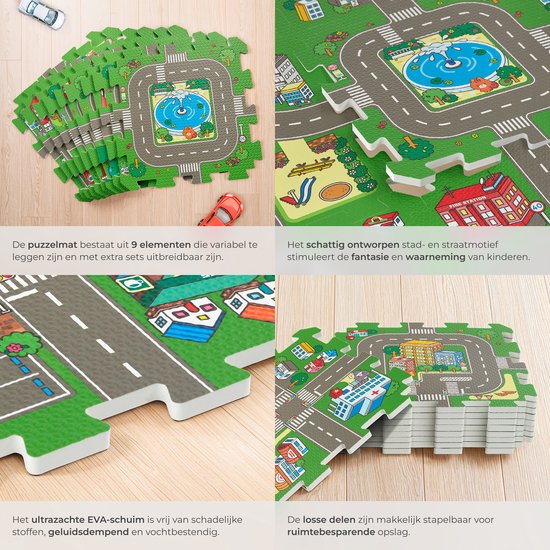 tectake® - Tapis de jeu - tapis de jeu en mousse - Tapis de jeu bébé - Ville et routes - 90 x 90 cm - Tapis puzzle 9 pièces - Antidérapant - Absorbe le bruit et résiste à l'humidité