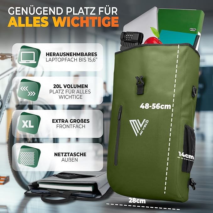MIVELO - Sacoche étanche 3 en 1 avec compartiment pour ordinateur portable - Vert olive - 20L