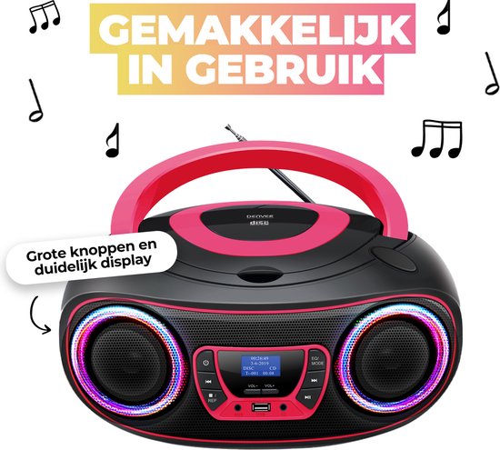 Denver Portable DAB Radio CD Player Kids - Bluetooth - Light Effects - Boombox - AUX - FM - TDB212PINK