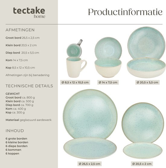 tectake® Service de table Mare - 30 pièces - Grès à émail brillant - Pour 6 personnes - Service de table fait main - Service de table moderne comprenant des grandes et petites assiettes, des bols, des coupelles et des tasses - Lavable au lave-vaisselle et