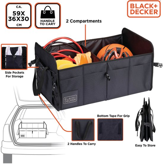 Boîte de rangement BLACK+DECKER pour coffre de voiture - 59 x 36 x 30 cm - 2 compartiments - Compartiments latéraux supplémentaires - Avec poignées - Noir