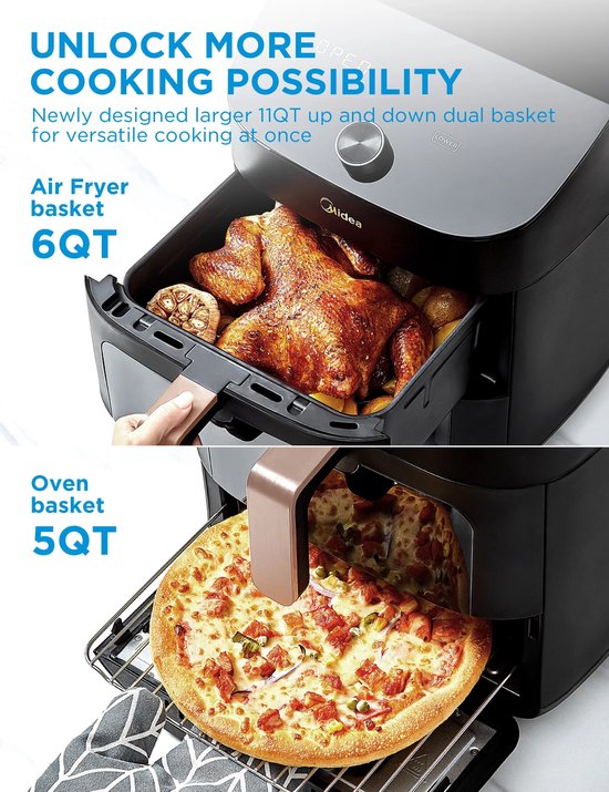 Friteuse à air chaud MF-CY110A - Friteuse à air chaud - double étage - friteuse à air chaud superposable - synchronisation Wi-Fi intelligente avec Alexa - Conception verticale XL de 11 L peu encombrante - Panier-grill 10-en-1 - Convient pour 3 à 8 personn