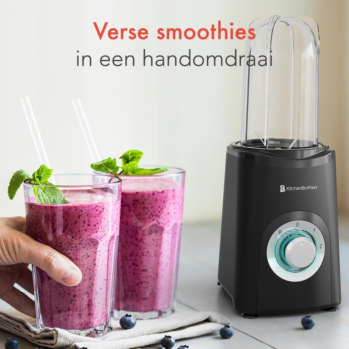 Blender - KitchenBrothers - 2-en-1 - 350 W - 4 tasses 600 ml/300 ml - Smoothie - Mini Blender - Noir