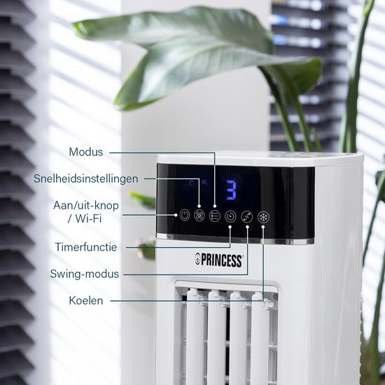 Climatiseur Princess Smart avec application et télécommande – Climatiseur sans tuyau – Réservoir d'eau de 3,5 L – Ventilateur oscillant avec fonction rafraîchissante – Rafraîchisseur d'air portable pour chambre, salon, bureau – Blanc – Économe en énergie