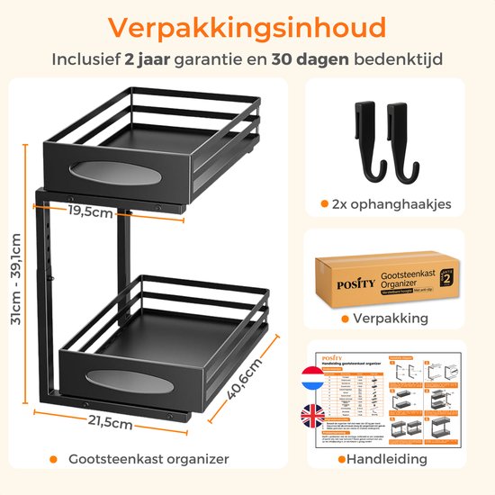 Posity Rangement pour armoire de cuisine - Rangement pour évier - Rangement pour comptoir - Support de rangement - Rangement pour salle de bain - Support de cuisine - Extensible - Métal - Noir