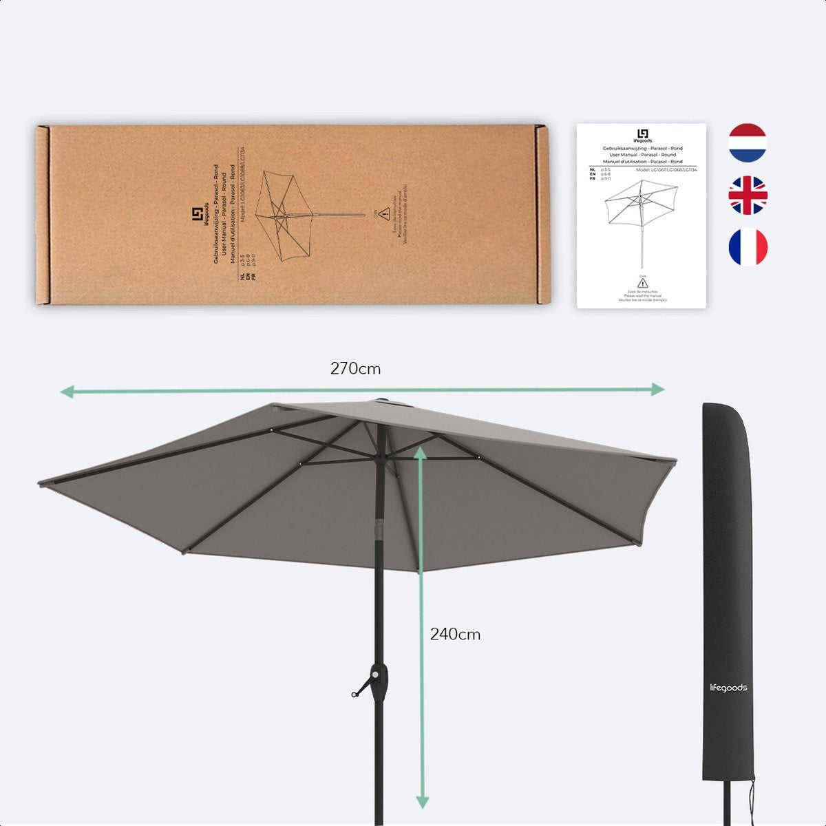 Parasol LifeGoods - Ø270 cm - 30° inclinable - imperméable - avec housse - Taupe