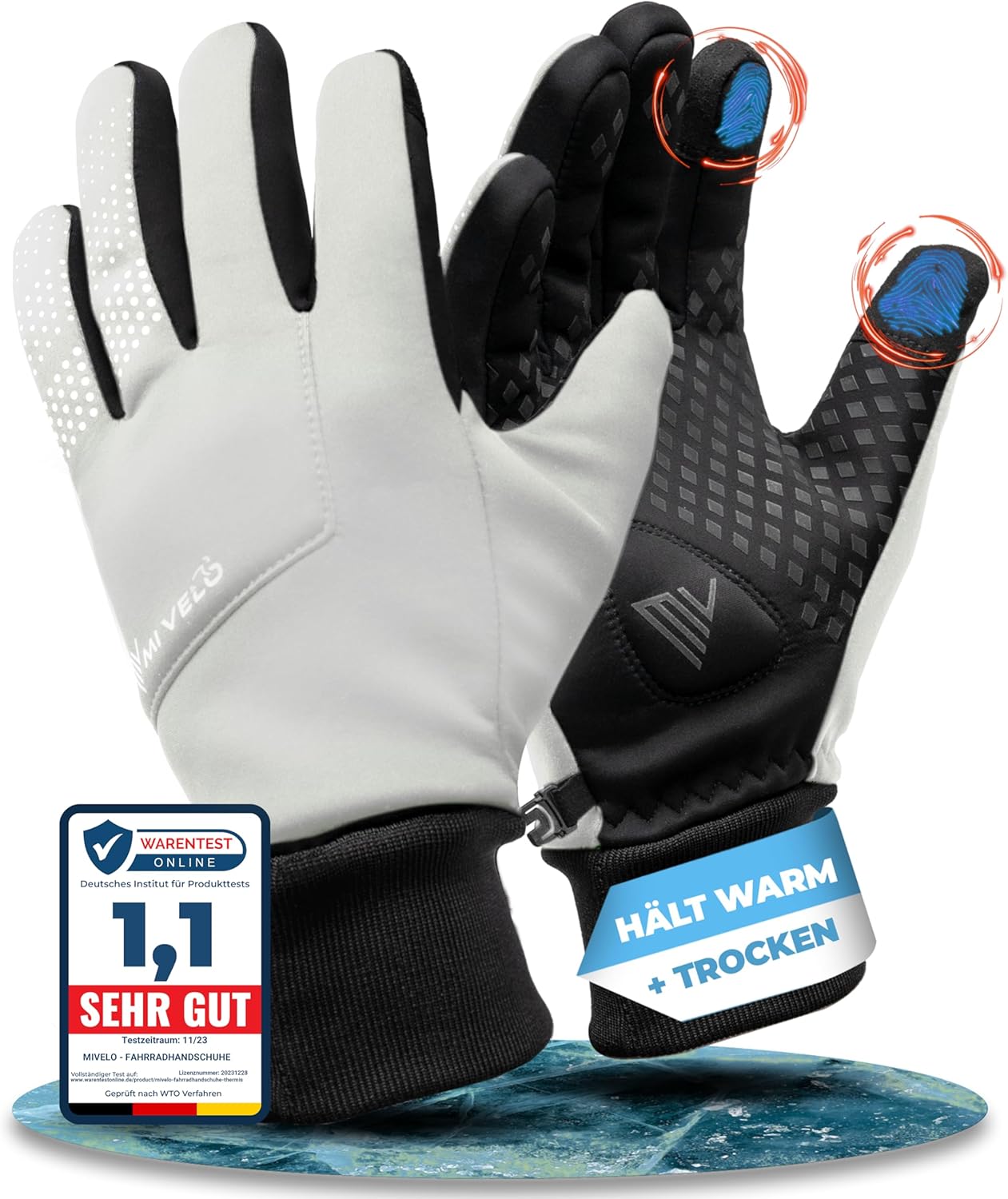 MIVELO Gants de cyclisme VELORIDER - Coupe-vent et imperméable - Compatible avec les écrans tactiles - Réfléchissant - Taille L
