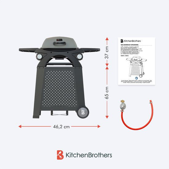 KitchenBrothers Gas BBQ - Barbecue de table et sur pied - Barbecue de table - Antiadhésif - Surface de grillade 37x48 cm - Noir