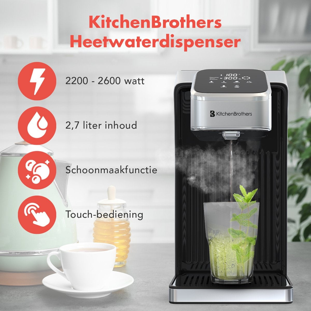 Distributeur d’eau chaude instantanée - KitchenBrothers - 2,7 L - Écran tactile LED - Température réglable 40 à 100°C - Acier inoxydable/Noir