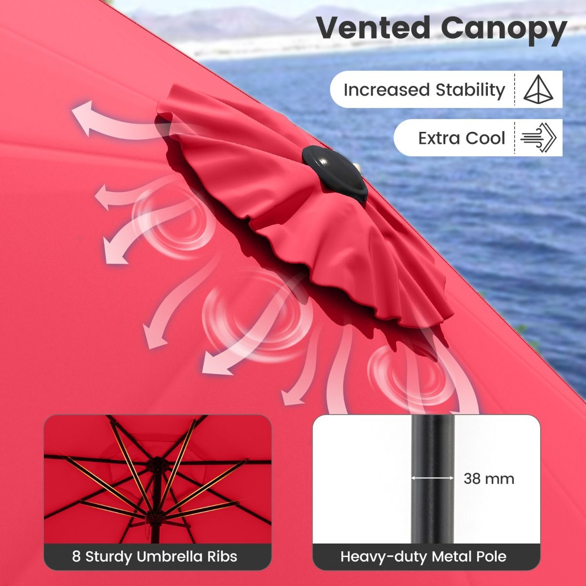 Coast Terrace Parasol 270 cm Wine Red - Grand parasol inclinable avec manivelle, protection UV et capot de parasol ventilé