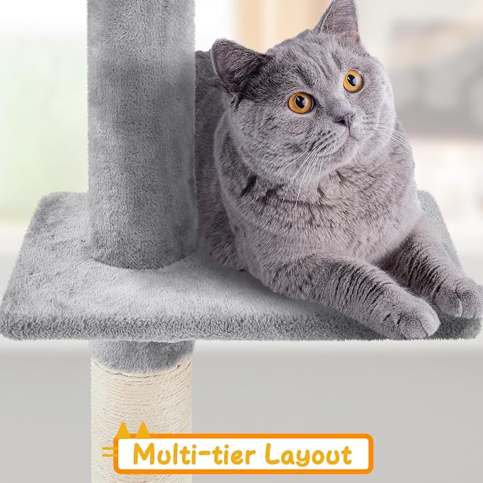 Arbre à chat de plafond Yaheetech 226-265,5 cm - Gris clair - Arbre à chat réglable avec maison pour chat et 5 niveaux