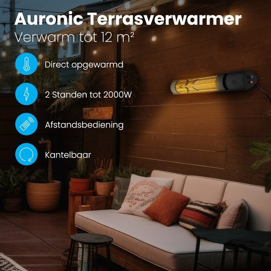 Chauffage de terrasse Auronic - Électrique - 2000W - Télécommande - 2 niveaux - IP55 - Noir