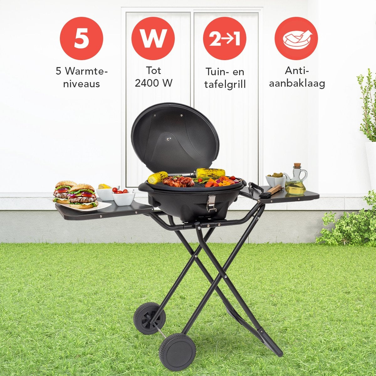 KitchenBrothers Barbecue électrique - avec roues - pliable - revêtement antiadhésif - 46,5 x 33,8cm - jusqu'à 250°C - 2400W - noir