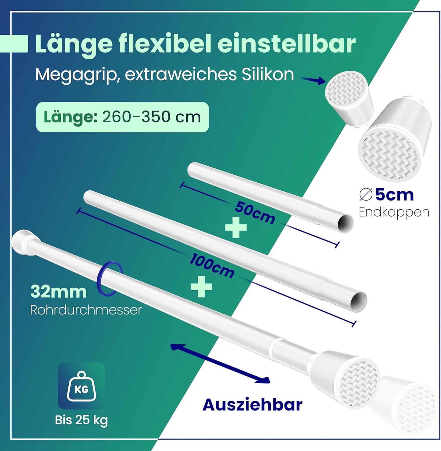 LOBUX® - Tringle à rideau sans perçage [blanc, 260-350cm] - tringle télescopique extension de rideau - tringle de douche sans perçage - tringle à rideau, tringle à rideau de douche, tringle à linge, tringle de serrage filet de chat