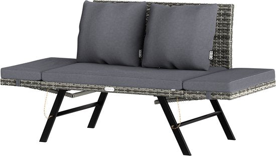 Banc de jardin Casaria Polyrattan - réglable avec coussins - Gris