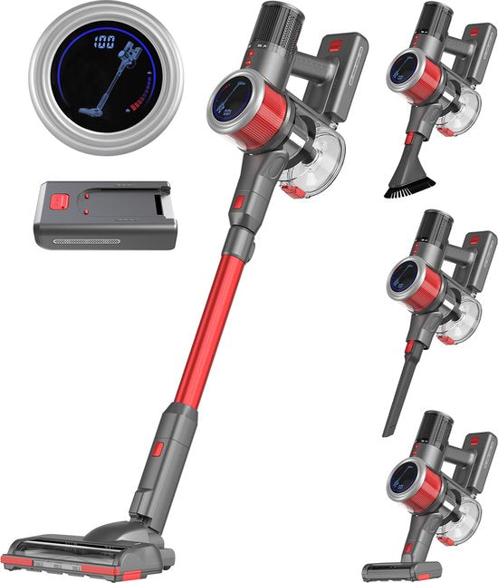 Aspirateur sans fil Auronic - Moteur puissant de 350 W - Batterie supplémentaire - Jusqu'à 45 minutes d'utilisation - Léger et maniable - Rouge/Gris