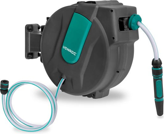 VONROC Wall Hose Box - Comprend un tuyau d'arrosage de 25 m, un tuyau de raccordement, une buse, des raccords et un robinet - Système d'enroulement automatique