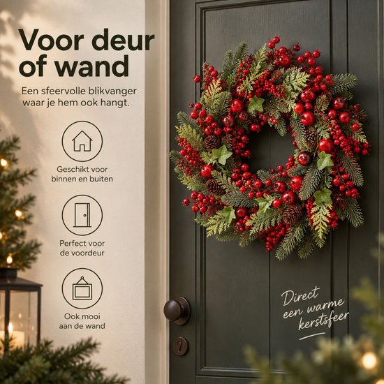 Mica Decorations Norah : couronne de Noël avec des pommes de pin - Décoration de Noël au style traditionnel - Couronne de porte pour le hall d'entrée ou la porte d'entrée - H 13 x Ø 50 cm - Rouge et vert