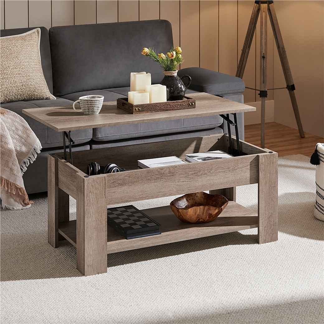 Table basse Yaheetech avec plateau relevable – Gris – 98 x 50 x 41,8/56 cm – Réglable en hauteur avec espace de rangement