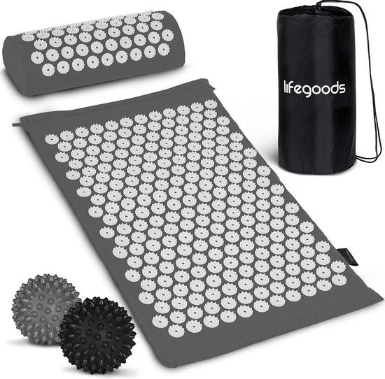 Tapis d'acupression avec coussin - LifeGoods - Tapis Shakti - 66x40x2cm - Gris/Blanc