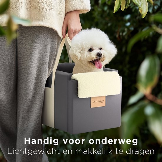 CozySense® Siège auto pour chien - Panier auto pour chien avec housse lavable - Pour petit chien - S'adapte à la console centrale - Sert également de sac de transport - Noir/Beige