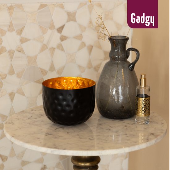 Bougeoir rond Gadgy - Bougeoirs - Décoration de salon - Éclairage d'ambiance d'intérieur - Bougeoirs pour bougies chauffe-plat 14 x 15 cm - Photophore en métal - Noir/Or - Cadeau pour femme