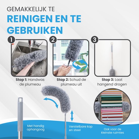 TTD® Pelle à poussière extensible - Rage Ball avec manche télescopique - jusqu'à 135 cm - lavable - microfibre - tête inclinable jusqu'à 90 degrés - avec crochet de suspension
