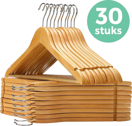 LifeGoods Cintres - Avec barre de pantalon - Bois dur - Naturel - 30 pièces