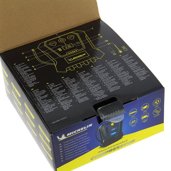 Pompe à air Michelin Compressor 12 V - Pression réglable (0,05-7 bar) - Avec port USB - Pompe à air électrique - Vélo/voiture/moto/ballon/matelas gonflable - Avec divers embouts