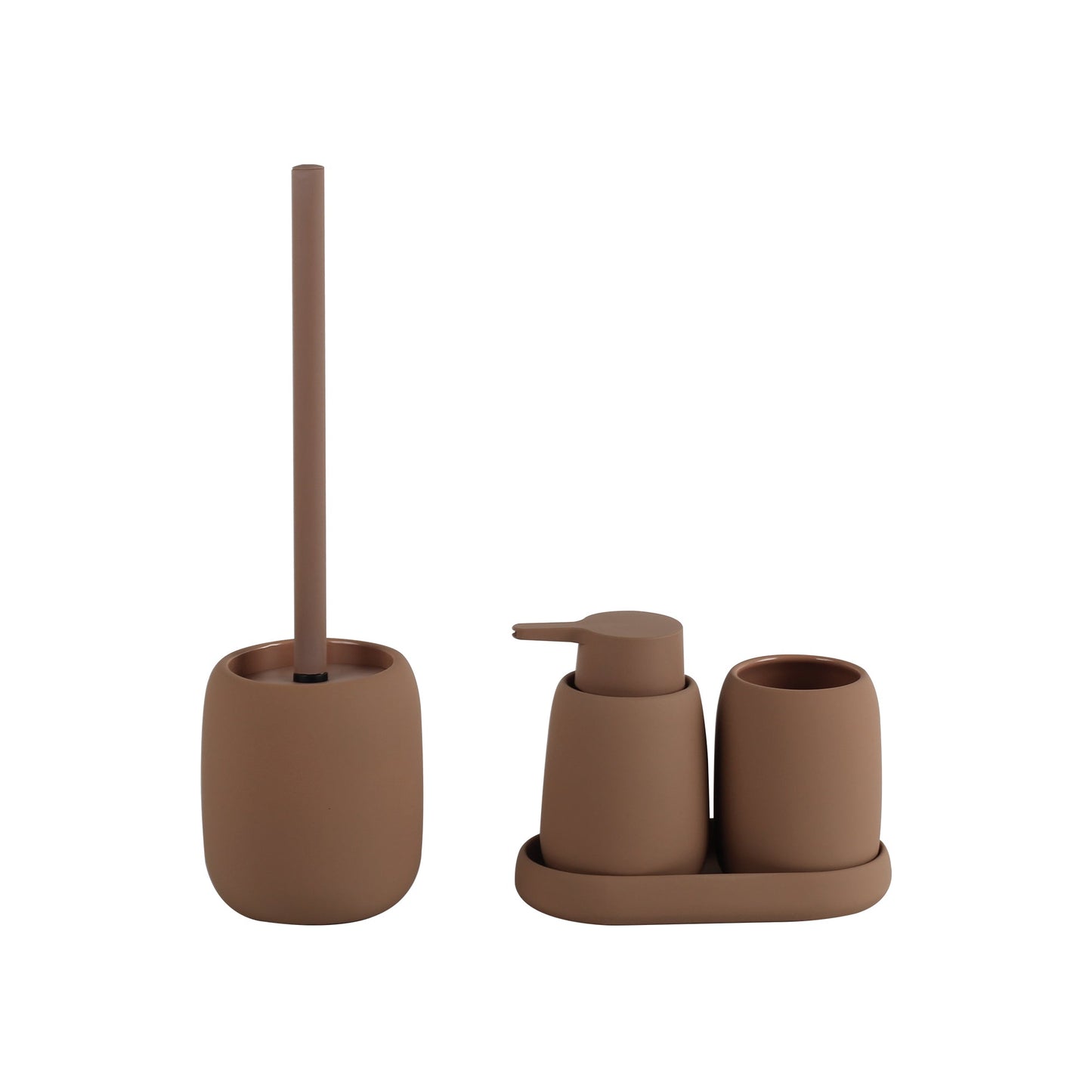 Ensemble de salle de bain en céramique Furnihaus, 4 pièces – Marron avec revêtement en caoutchouc – Accessoires de salle de bain en grès