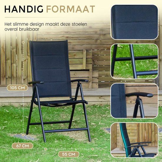 O'DADDY® Garden Chairs set of 4 - Chaise de jardin réglable - Design pliable - Chaise pliante - Chaise de camping - 7 pieds - Aluminium & Textile - Noir