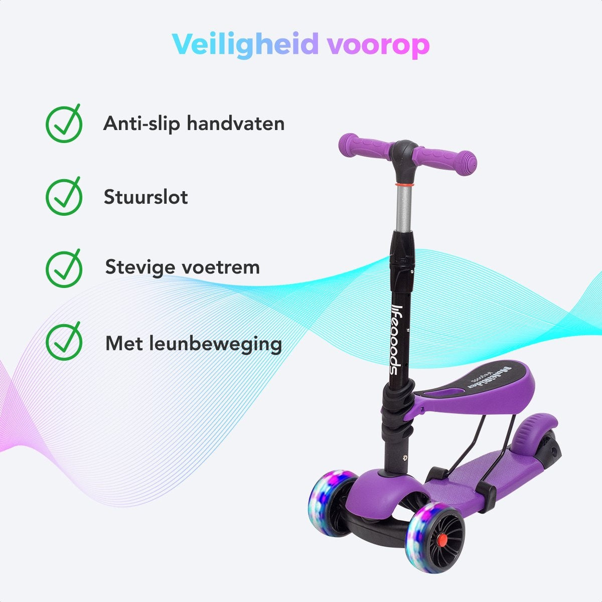 LifeGoods MultiRider Scooter pour enfants - Étape 3-8 ans - Siège réglable - Roues lumineuses - Garçons/Filles - Violet