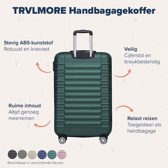 TRVLMORE Valise - Bagage à main Trolley - Serrure numérique - Trolley - 54x36x20cm - 38L - Vert foncé