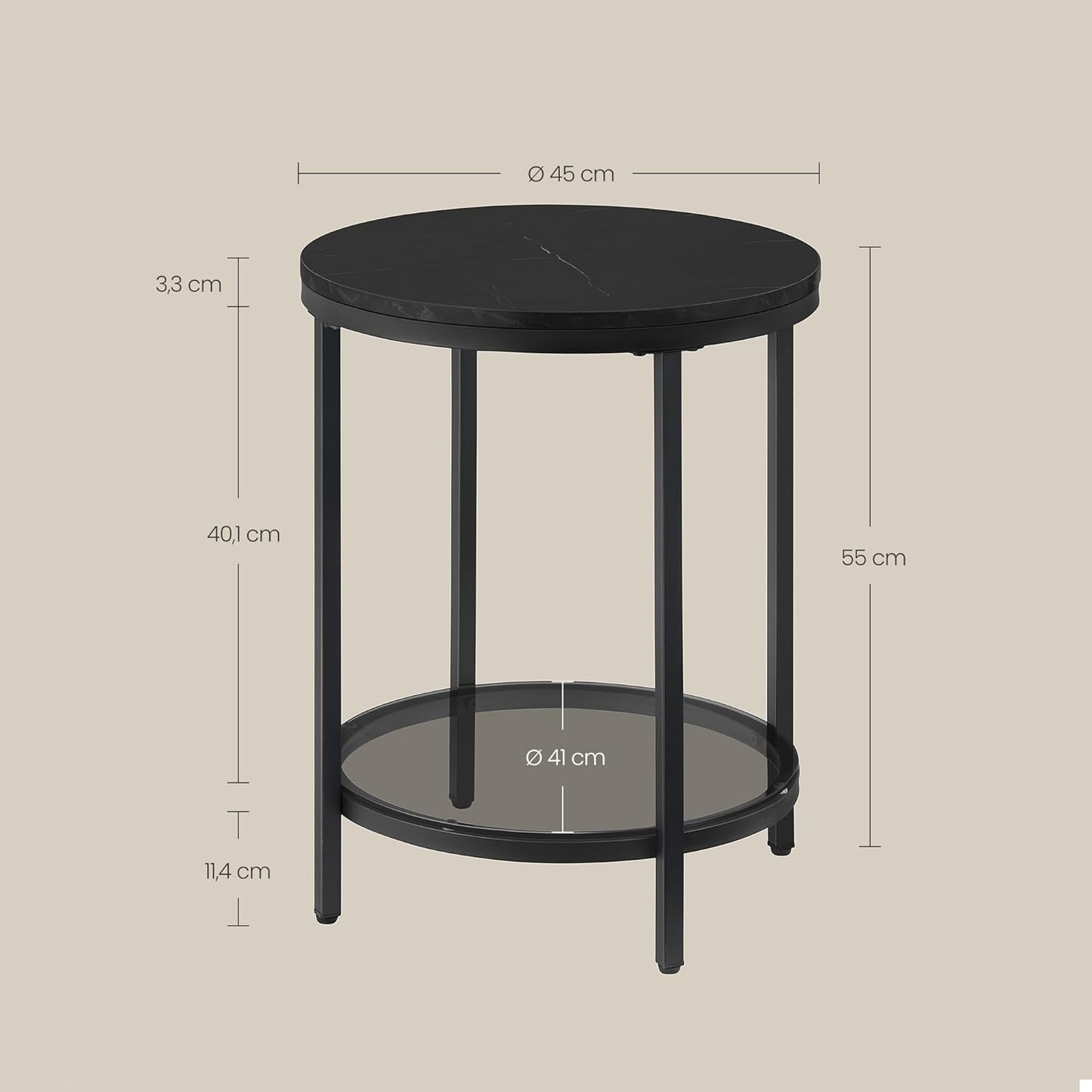Table d'appoint ronde Vasagle à 2 niveaux - Plateau en marbre noir - Piètement en acier noir d'encre - Verre trempé - Ø 45 x 55 cm