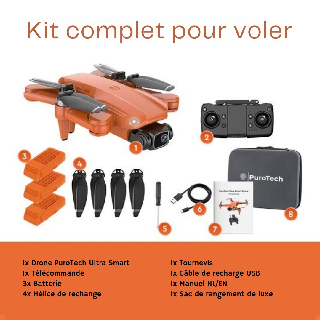 PuroTech Ultra Smart Drone - Caméra UHD 4K - Drone avec caméra pour extérieur/intérieur - Double caméra Full HD 4K - Zoom 50x - 3 batteries - 84 minutes de vol - Photo - Vidéo - Quadcopter