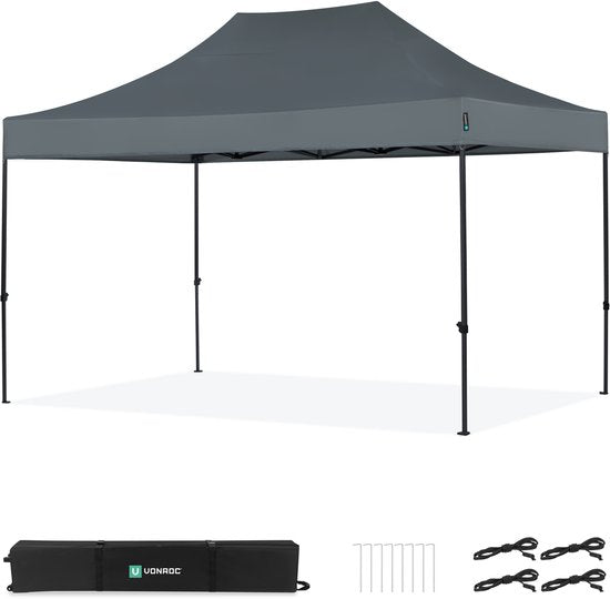 Tente de réception VONROC - 3 x 4,5 m – Tente de réception Premium à montage facile – Conception modulaire – Pliable – Imperméable – Armature en acier – Protection UV 50+ – Sac de rangement inclus – Gris