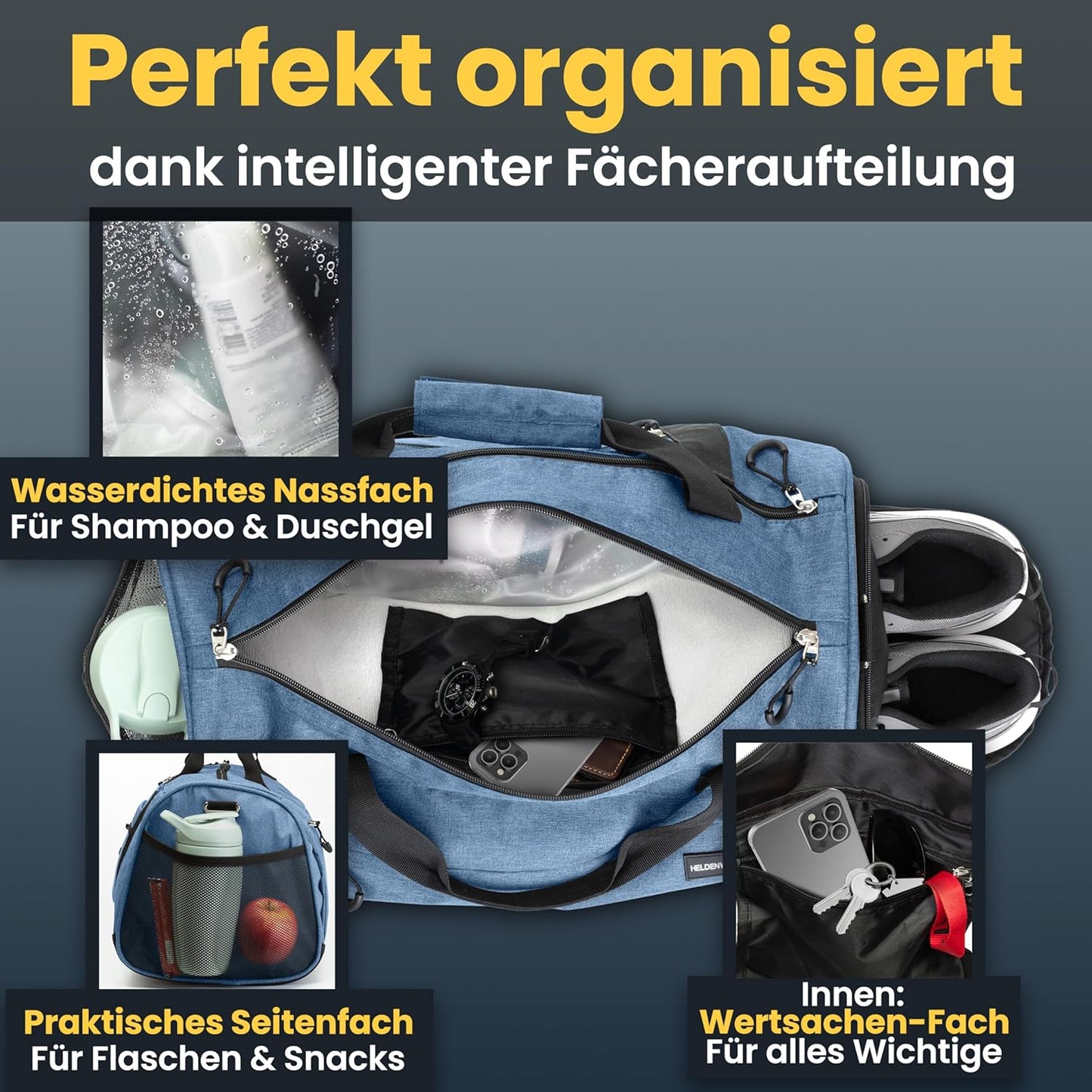 Herowerk Sac de sport avec compartiment à chaussures et compartiment humide, sac d'entraînement pour femmes et hommes, idéal comme sac de voyage, sac de fitness, sac d'entraînement ou sac de sport, bleu foncé, Sac de sport avec bandoulière