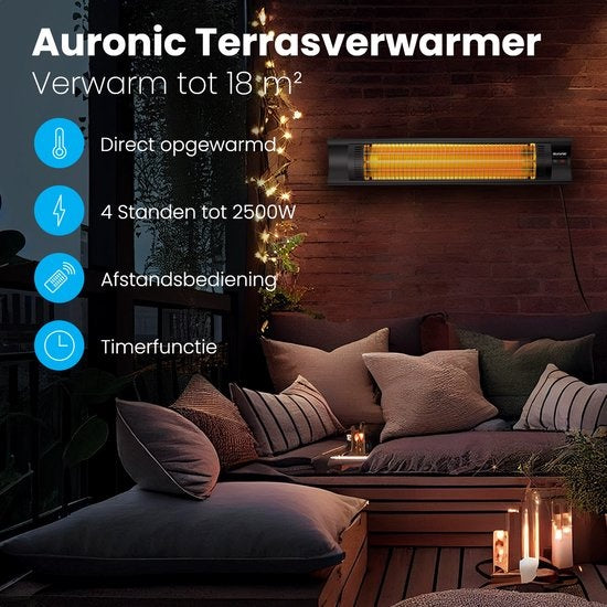 Auronic Chauffage de terrasse - Infrarouge - Chauffage - Électrique - 2500W - Télécommande - 4 niveaux - Noir