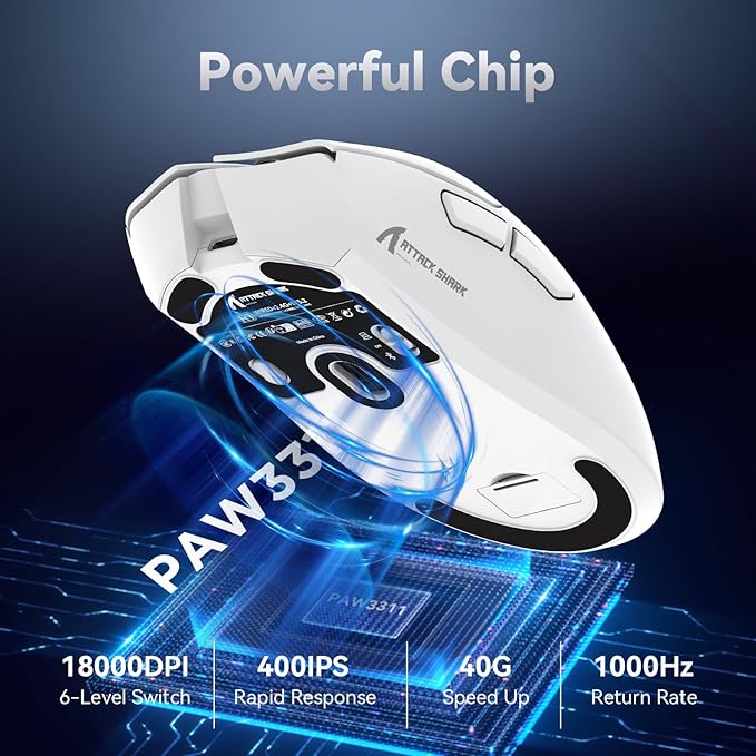 ATTACK SHARK R1 Superlight Gaming Mouse 59g - Blanc - 12.2 × 6.4 × 3.8 cm - Sans fil et filaire - Jusqu'à 18 000 DPI - 65 heures d'autonomie de la batterie