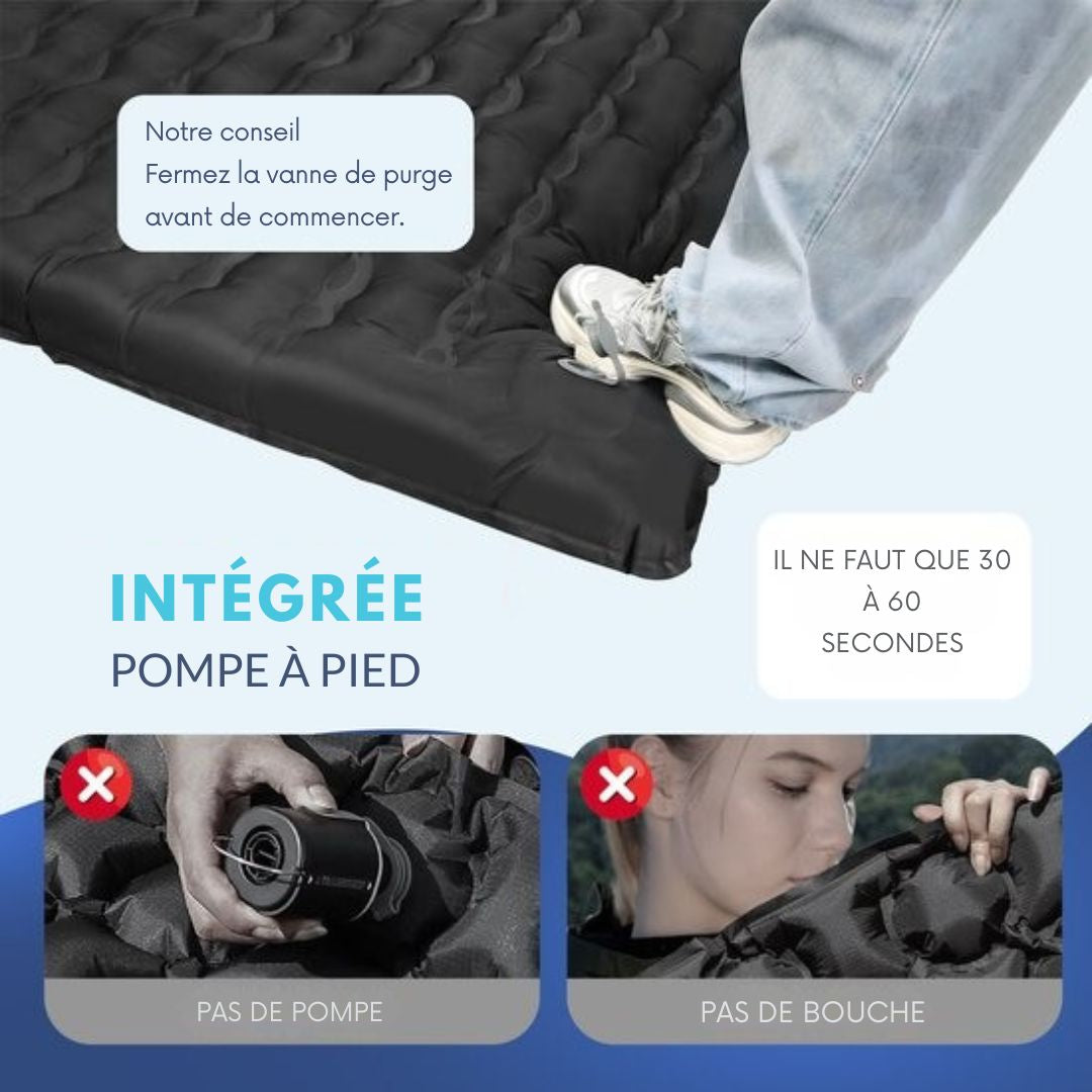 Matelas de couchage 1 personne avec pompe à pied et système click FLOAT- camping - 195x66x12 cm - Noir