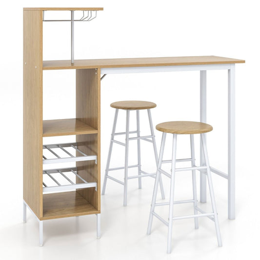 Table haute Coast avec 2 tabourets - Casier à vin pour 6 bouteilles - Table de bistrot pour le salon et la cuisine - 120 x 40 x 121,5 cm - Naturel