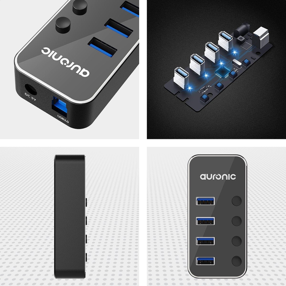 Auronic USB Hub 3.0 - Répartiteur USB avec 4 ports - avec alimentation - 5 GBP - Indication LED - Noir