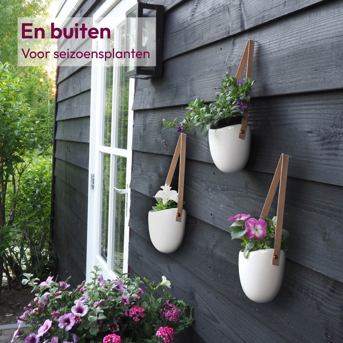 Gadgy Plant Hanger Ceramic - Set of 3 - White Stone - Pot de fleurs suspendu - avec 3 cordons différents - 12 x 11 x 9.5 cm