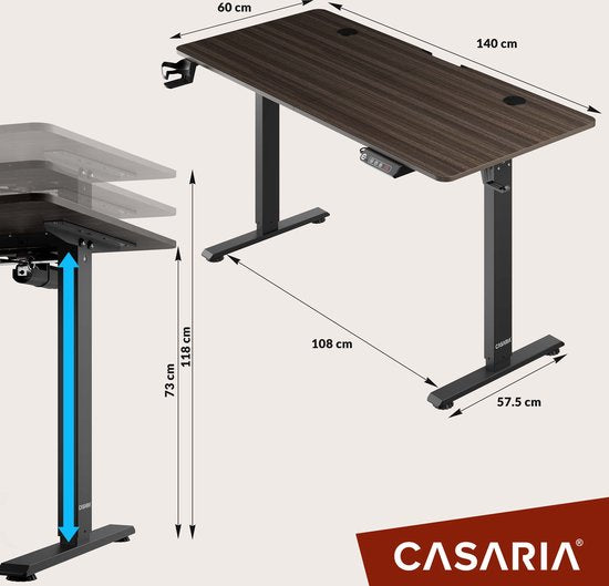 Casaria Bureau assis-debout - Réglable en hauteur Electrique - 140x60cm Marron