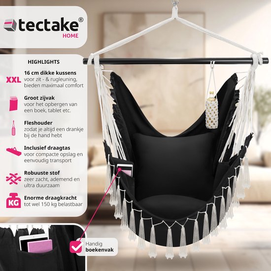 tectake® - Fauteuil suspendu Malika - coussins d'assise et de dossier extra épais, avec sac de transport et compartiment à livres - noir