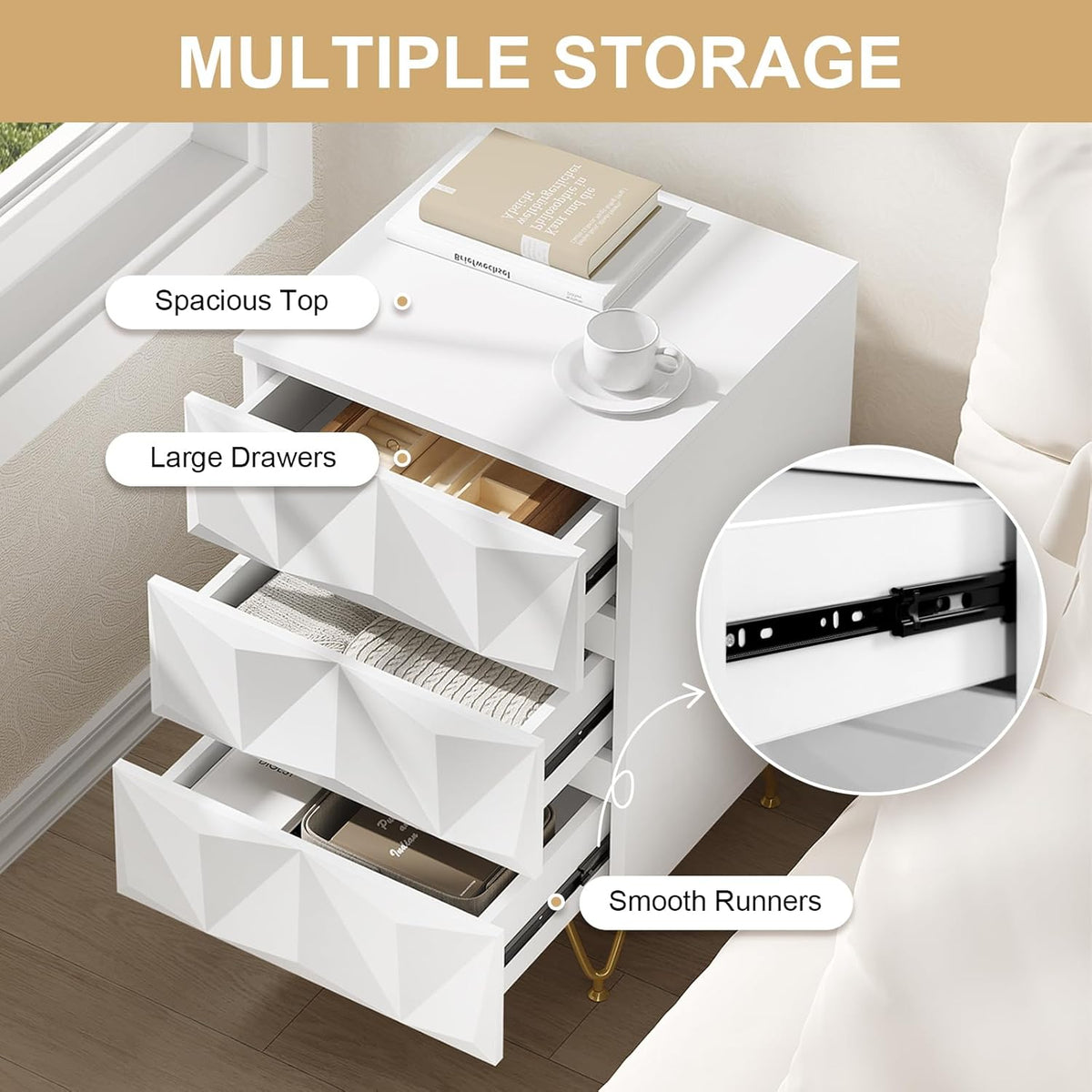 Eugad Table de chevet avec 3 tiroirs - 40x40x62,5 cm - Blanc avec or - Design 3D moderne