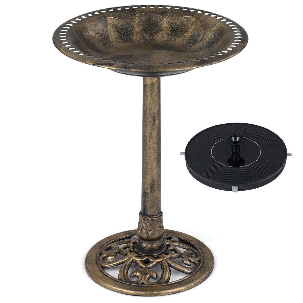Bain d'oiseaux Coast avec fontaine à énergie solaire - Mangeoire d'extérieur rétro 2-en-1 - 50 x 50 x 72 cm - Bronze