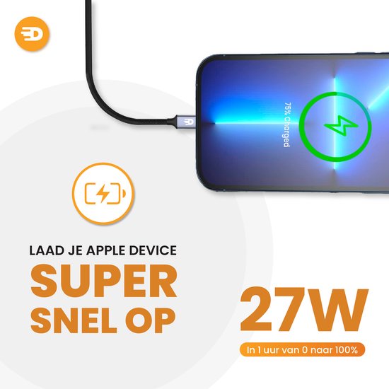 Drivv. Câble de charge USB C pour iPhone et Apple - Câble USB C à 8 broches - Chargement rapide - Câble de charge - Nylon - Gris - 3 mètres